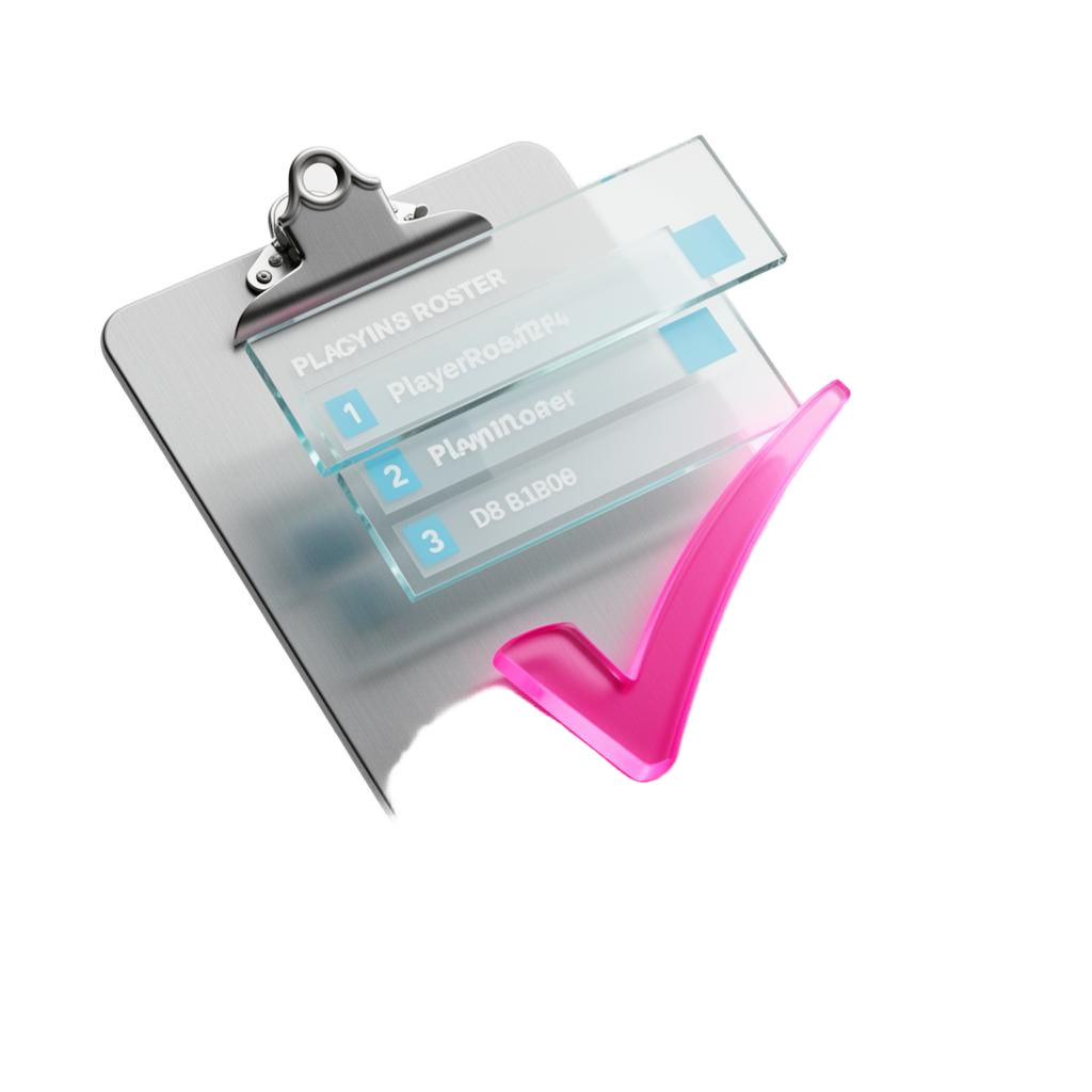 3D metallic clipboard with floating glass roster cards and a pink check